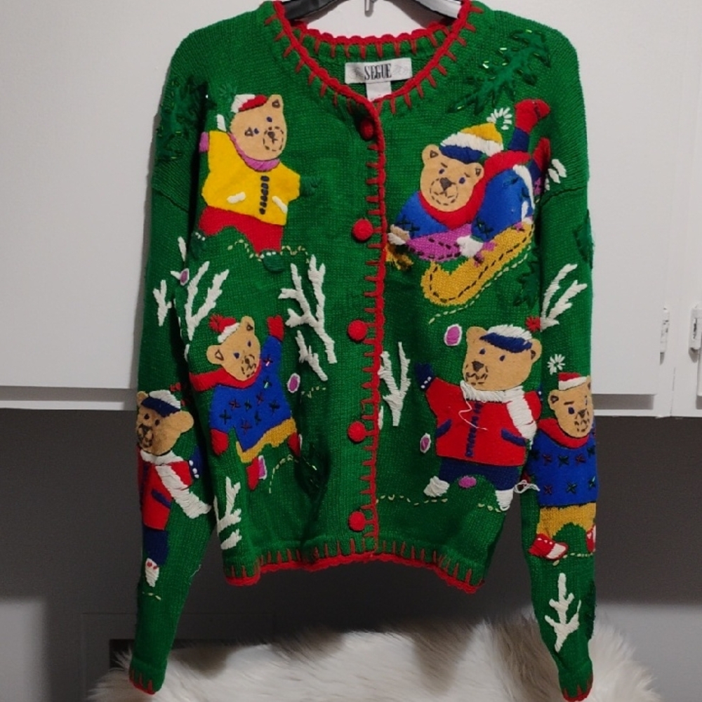 SALE! RARE! Segue Green Bear Pattern 80/90's Christmas Women's Sweater (X-50)